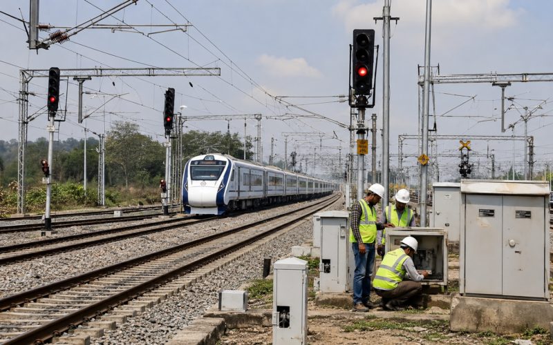 Representative image: Railway signalling and trackside safety equipment being inspected on an electrified rail corridor, reflecting Kernex Microsystems’ ₹173 crore Kavach order and India’s push to modernise train collision avoidance systems.