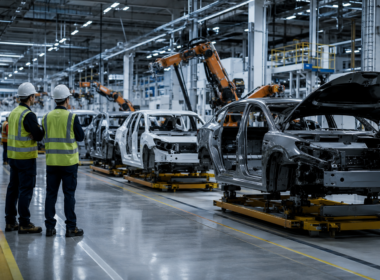 Representative image: An electric vehicle assembly line reflects Lucid Group’s decision to cut 18% of its U.S. workforce, eliminate a factory shift and restructure operations as production, cash burn and future EV launches come under pressure.