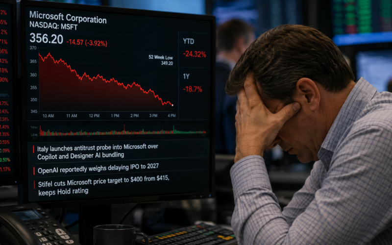 Microsoft Corporation stock selloff deepens as antitrust pressure, artificial intelligence spending worries, and analyst caution weigh on investor sentiment. Representative image.