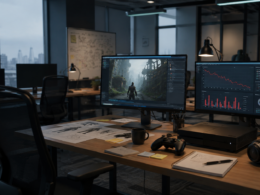 Representative image of a modern gaming studio workspace as Microsoft Corporation’s reported Xbox layoffs put MSFT stock, Game Pass strategy, console weakness, and gaming margins under sharper investor scrutiny.