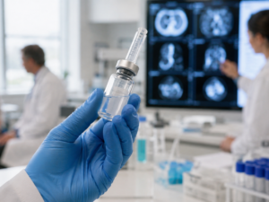 Representative image of oncology researchers examining an unbranded clinical sample as Moderna and Merck report durable five-year melanoma data for their personalized mRNA cancer vaccine combined with Keytruda.
