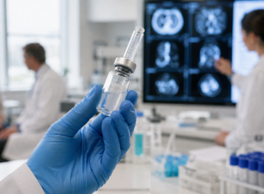 Representative image of oncology researchers examining an unbranded clinical sample as Moderna and Merck report durable five-year melanoma data for their personalized mRNA cancer vaccine combined with Keytruda.