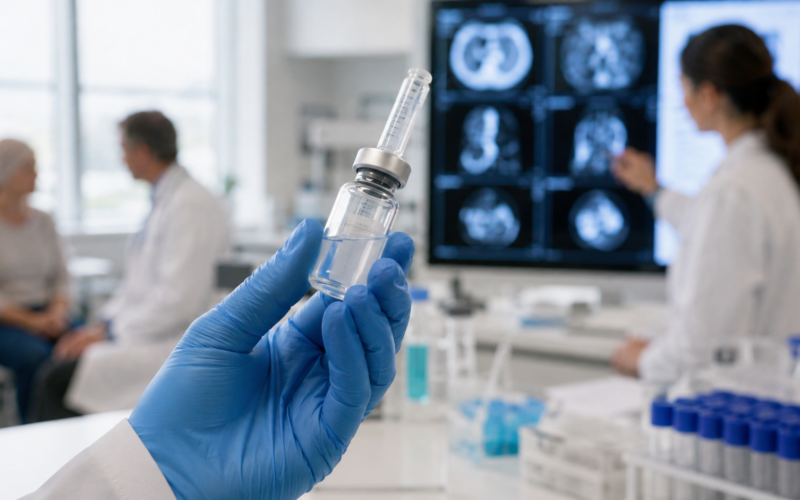 Representative image of oncology researchers examining an unbranded clinical sample as Moderna and Merck report durable five-year melanoma data for their personalized mRNA cancer vaccine combined with Keytruda.