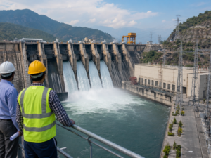Representative image of a hydropower dam, power infrastructure and site engineers, illustrating NHPC Limited’s OFS and India’s clean energy PSU investment story.