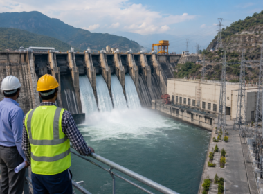 Representative image of a hydropower dam, power infrastructure and site engineers, illustrating NHPC Limited’s OFS and India’s clean energy PSU investment story.