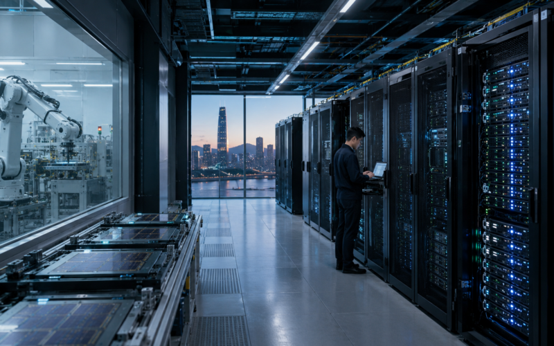 Representative image: A high-tech data centre and automated manufacturing facility illustrates how NVIDIA Corporation’s South Korea AI infrastructure push with SK Hynix, Naver Corporation and Hyundai Motor Group could reshape the next phase of AI factories, semiconductor supply chains and industrial artificial intelligence.