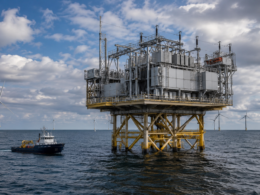 Representative image: An offshore HVDC converter platform and surrounding wind turbines illustrate Siemens Energy’s 2 GW North Sea Connector 2 project for 50Hertz, designed to carry offshore wind power into Germany’s transmission grid.