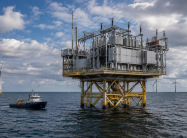 Representative image: An offshore HVDC converter platform and surrounding wind turbines illustrate Siemens Energy’s 2 GW North Sea Connector 2 project for 50Hertz, designed to carry offshore wind power into Germany’s transmission grid.