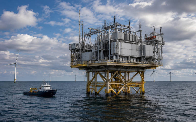 Representative image: An offshore HVDC converter platform and surrounding wind turbines illustrate Siemens Energy’s 2 GW North Sea Connector 2 project for 50Hertz, designed to carry offshore wind power into Germany’s transmission grid.