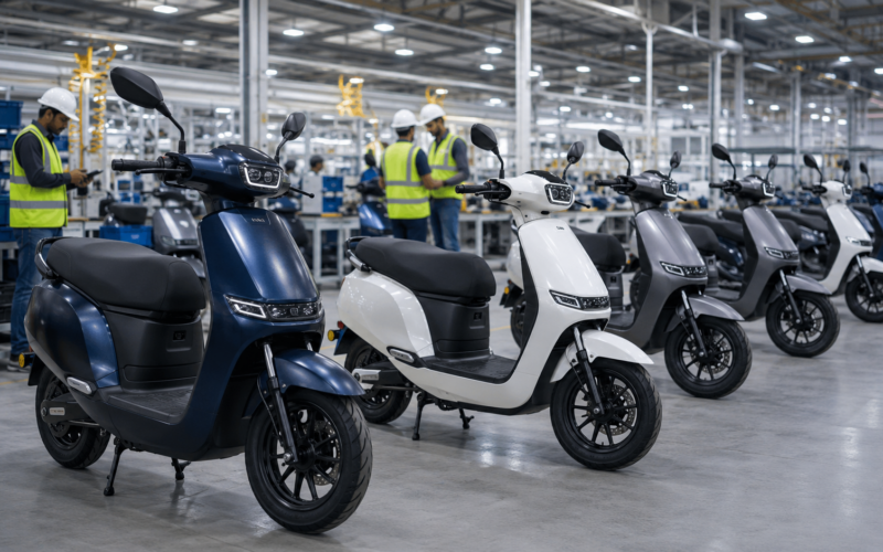 Representative image of unbranded electric scooters in a factory, illustrating Ola Electric’s QIP fundraise and India’s fast-growing EV two-wheeler market.