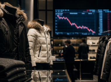 Representative image of luxury winter apparel displayed beside a falling market chart, illustrating Perfect Moment Ltd.’s OTCQB move and PMNT stock pressure after its NYSE American compliance setback.
