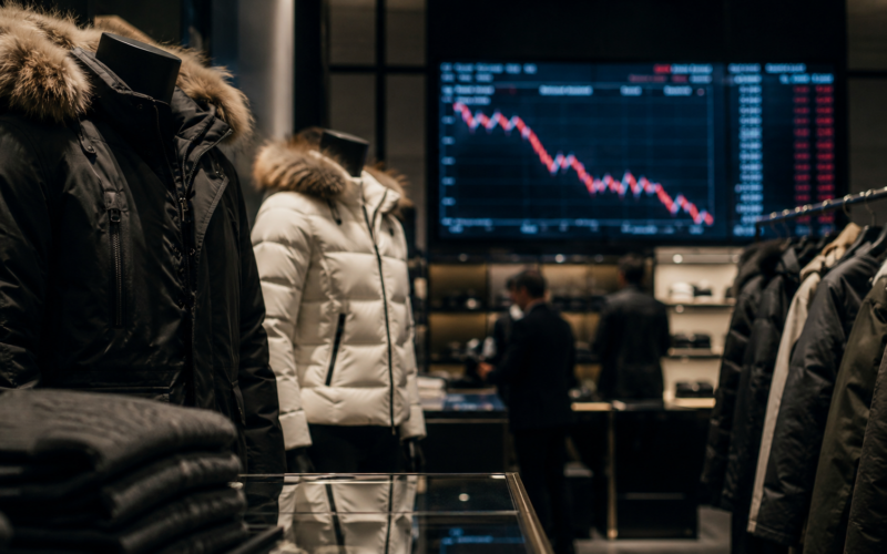 Representative image of luxury winter apparel displayed beside a falling market chart, illustrating Perfect Moment Ltd.’s OTCQB move and PMNT stock pressure after its NYSE American compliance setback.