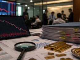 Representative image of gold bars, audit documents and a falling stock chart, reflecting how Rajesh Exports’ share crash and SEBI scrutiny have intensified investor concerns over corporate governance and financial disclosure risks.