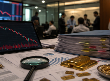 Representative image of gold bars, audit documents and a falling stock chart, reflecting how Rajesh Exports’ share crash and SEBI scrutiny have intensified investor concerns over corporate governance and financial disclosure risks.