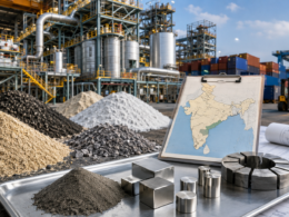 Representative image of a rare earth processing facility with mineral samples, industrial infrastructure and an India map, highlighting how Reliance Industries, Vedanta and Adani interest in Andhra Pradesh could reshape India’s critical minerals supply chain and reduce China dependence.