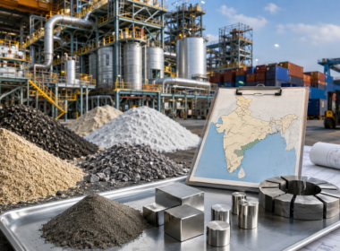 Representative image of a rare earth processing facility with mineral samples, industrial infrastructure and an India map, highlighting how Reliance Industries, Vedanta and Adani interest in Andhra Pradesh could reshape India’s critical minerals supply chain and reduce China dependence.