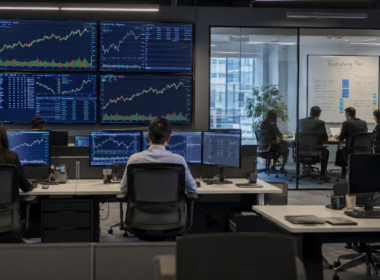 Representative image: A modern fintech trading floor reflects Robinhood’s decision to cut 290 jobs despite record trading activity, highlighting its push for a leaner workforce, faster decision-making and stronger operating efficiency.
