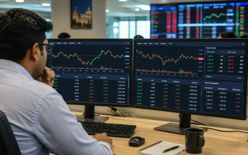 Representative image of a trading desk monitoring cross-exchange stock prices, highlighting how SEBI’s common pricing proposal could reduce price gaps, improve price discovery and reshape small-cap trading across Indian markets.