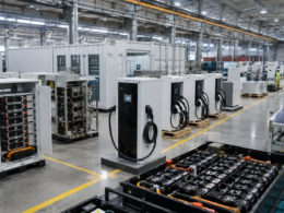 Representative image: EV chargers, solar panels and battery storage systems inside a clean energy manufacturing facility, reflecting Servotech Renewable’s ₹400 crore Haryana MoU and India’s expanding EV charging and renewable power electronics supply chain.