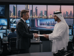Representative image showing a Middle East newsroom control room, illustrating Sky’s withdrawal from Sky News Arabia as IMI assumes full control of the UAE media venture.