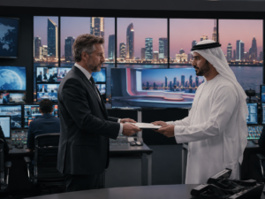 Representative image showing a Middle East newsroom control room, illustrating Sky’s withdrawal from Sky News Arabia as IMI assumes full control of the UAE media venture.