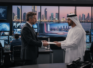 Representative image showing a Middle East newsroom control room, illustrating Sky’s withdrawal from Sky News Arabia as IMI assumes full control of the UAE media venture.