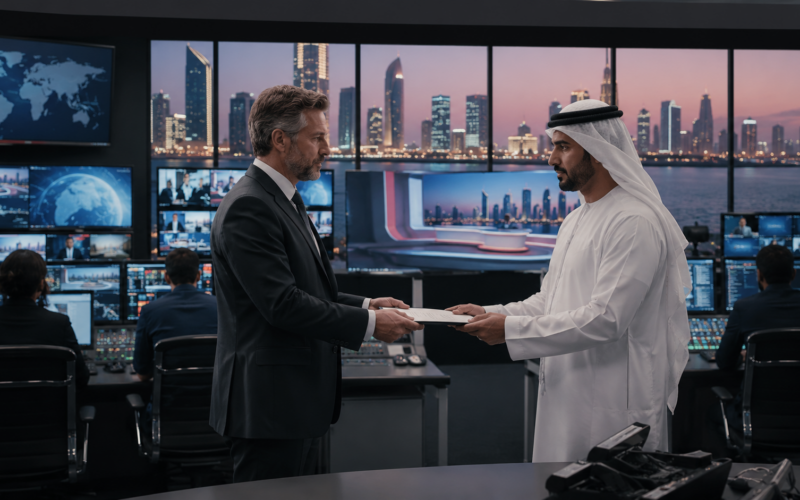 Representative image showing a Middle East newsroom control room, illustrating Sky’s withdrawal from Sky News Arabia as IMI assumes full control of the UAE media venture.