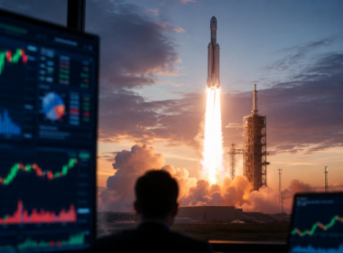 Representative image of a rocket launch and market trading screens as the SpaceX IPO puts SPCX stock, Starlink growth, AI valuation risk, and retail investor demand in sharp focus.