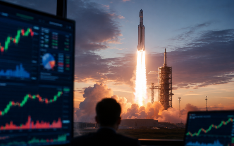 Representative image of a rocket launch and market trading screens as the SpaceX IPO puts SPCX stock, Starlink growth, AI valuation risk, and retail investor demand in sharp focus.