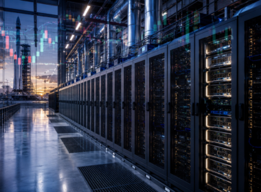 Representative image of a hyperscale AI data center and rocket launch facility, illustrating how SpaceX's Google compute lease and upcoming SPCX IPO could reshape the market for artificial intelligence infrastructure.