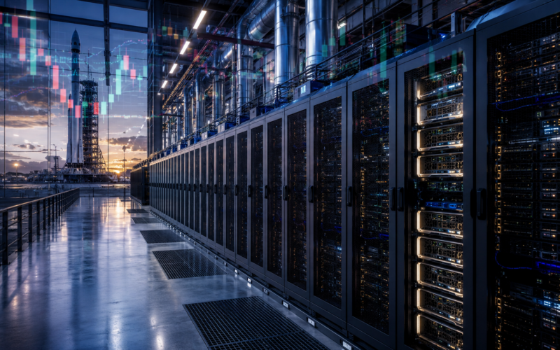 Representative image of a hyperscale AI data center and rocket launch facility, illustrating how SpaceX's Google compute lease and upcoming SPCX IPO could reshape the market for artificial intelligence infrastructure.