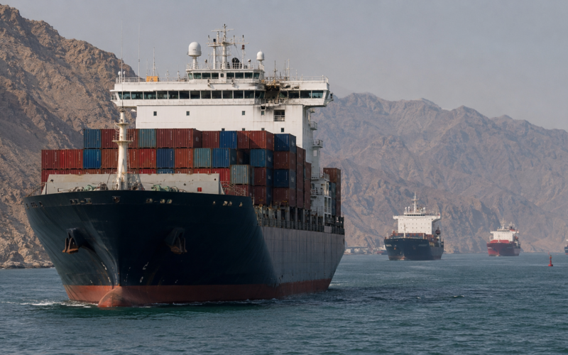 Commercial ships navigate the Strait of Hormuz as the United Nations pauses its vessel evacuation plan following the Ever Lovely attack near Oman, renewing concerns over Iran-linked maritime risks and global energy shipping disruption. Representative image.