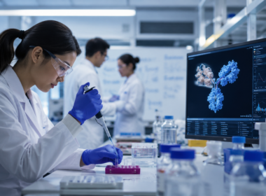 Representative image: T-cell engager antibody research in an advanced oncology laboratory, highlighting the Jazz Pharmaceuticals and AbCellera partnership to develop multispecific therapies for gastrointestinal cancers and solid tumours.