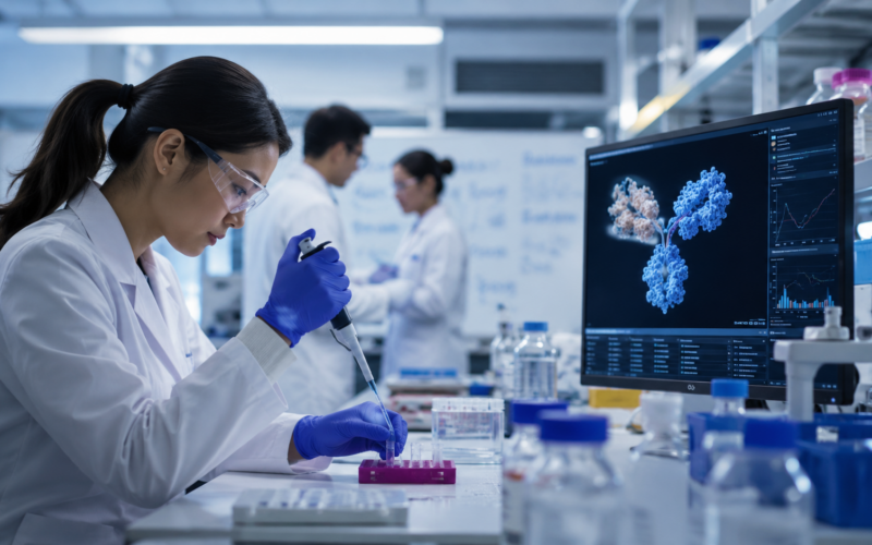 Representative image: T-cell engager antibody research in an advanced oncology laboratory, highlighting the Jazz Pharmaceuticals and AbCellera partnership to develop multispecific therapies for gastrointestinal cancers and solid tumours.