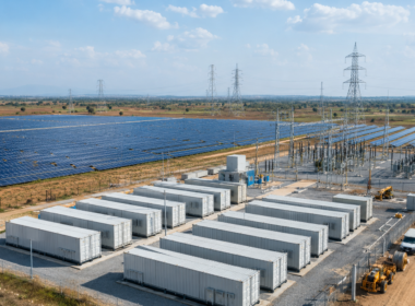 Representative image: A utility-scale solar farm with battery energy storage and grid infrastructure illustrates Bondada Engineering’s ₹1,338 crore NTPC Renewable Energy project in Sitapur, Uttar Pradesh.