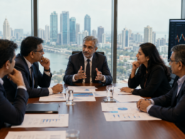 Representative image of senior executives reviewing financial charts in a boardroom, illustrating the Tata Sons IPO debate, RBI rules and Indian conglomerate governance.