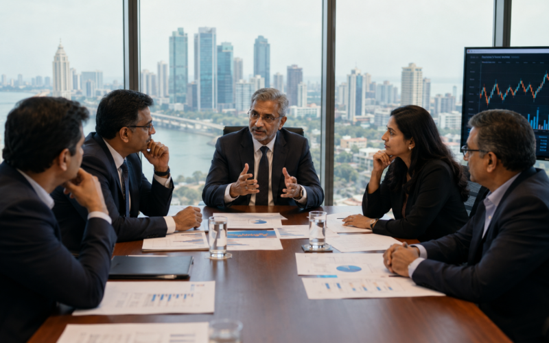 Representative image of senior executives reviewing financial charts in a boardroom, illustrating the Tata Sons IPO debate, RBI rules and Indian conglomerate governance.