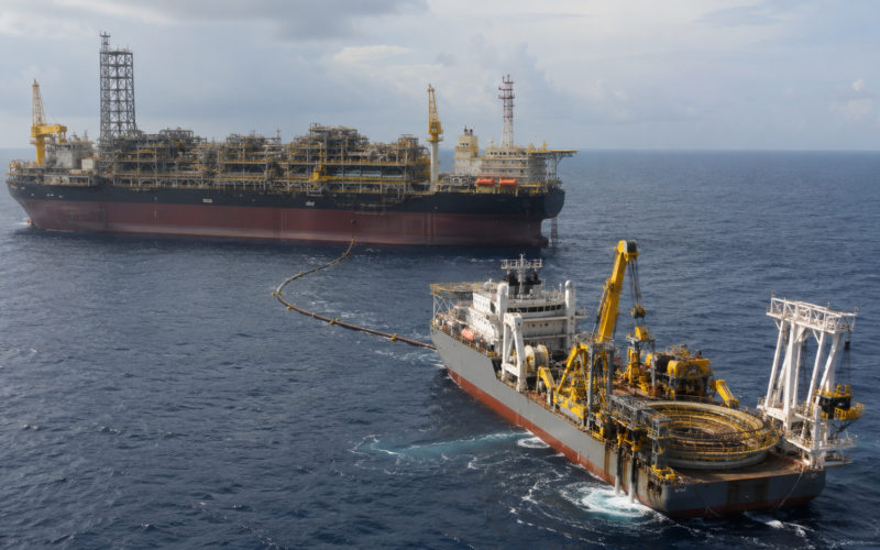 Representative image: A deepwater offshore production vessel and subsea construction ship illustrate TechnipFMC’s flexible pipe contract for Azule Energy’s $5.1 billion Greater PAJ project in Angola.