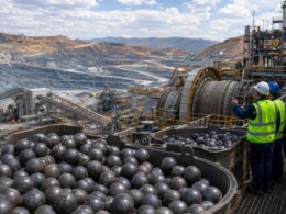 Representative image of grinding media, mining equipment and workers at an industrial processing site, illustrating Tega Industries’ Molycop acquisition and global mining consumables expansion.