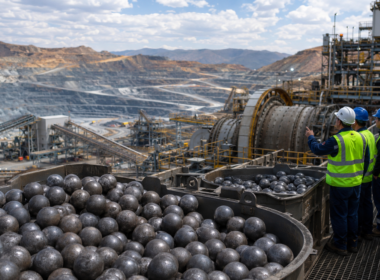 Representative image of grinding media, mining equipment and workers at an industrial processing site, illustrating Tega Industries’ Molycop acquisition and global mining consumables expansion.