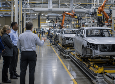 Representative image: Toyota manufacturing leaders review a modern vehicle assembly line as the automaker reshuffles North American factory management to improve production efficiency, supply-chain resilience and regional profitability.