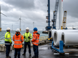 Representative image of offshore wind workers and turbine components at a UK port, as the Offshore Wind Fair Work Charter connects clean power growth with stronger labour standards.