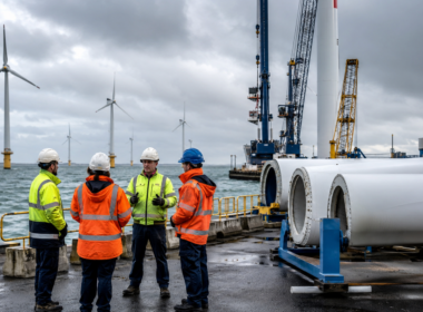 Representative image of offshore wind workers and turbine components at a UK port, as the Offshore Wind Fair Work Charter connects clean power growth with stronger labour standards.