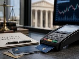 Representative image of a payment terminal, credit cards and settlement documents as Visa and Mastercard’s $38 billion swipe-fee deal puts V stock, MA stock, merchant fees, rewards cards, and U.S. payment regulation under investor scrutiny.