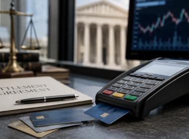 Representative image of a payment terminal, credit cards and settlement documents as Visa and Mastercard’s $38 billion swipe-fee deal puts V stock, MA stock, merchant fees, rewards cards, and U.S. payment regulation under investor scrutiny.