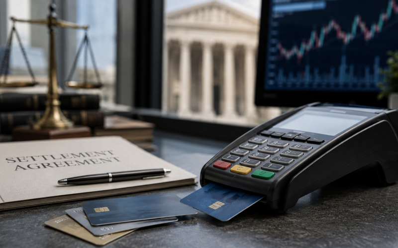 Representative image of a payment terminal, credit cards and settlement documents as Visa and Mastercard’s $38 billion swipe-fee deal puts V stock, MA stock, merchant fees, rewards cards, and U.S. payment regulation under investor scrutiny.