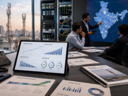 Representative image of a telecom strategy meeting with network expansion charts, highlighting how Vodafone Idea’s Rs 4,730 crore promoter funding plan could shape its debt reduction, capex rollout and comeback fight against Reliance Jio and Bharti Airtel.