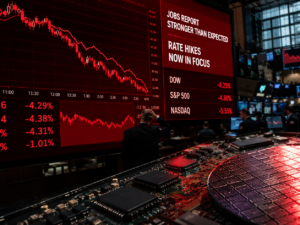 Representative image of a Wall Street market selloff as stronger jobs data fuels Federal Reserve rate fears and triggers a sharp AI chip stock rout.