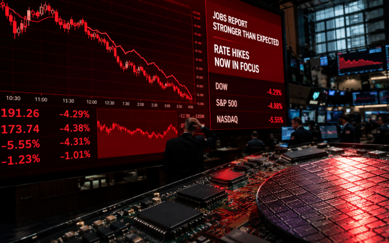 Representative image of a Wall Street market selloff as stronger jobs data fuels Federal Reserve rate fears and triggers a sharp AI chip stock rout.