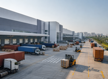 Representative image: Modern Grade A warehousing and logistics hub with trucks, loading bays and cargo movement, reflecting Welspun One’s 10 million square feet leasing push and India’s expanding industrial real estate supply chain.